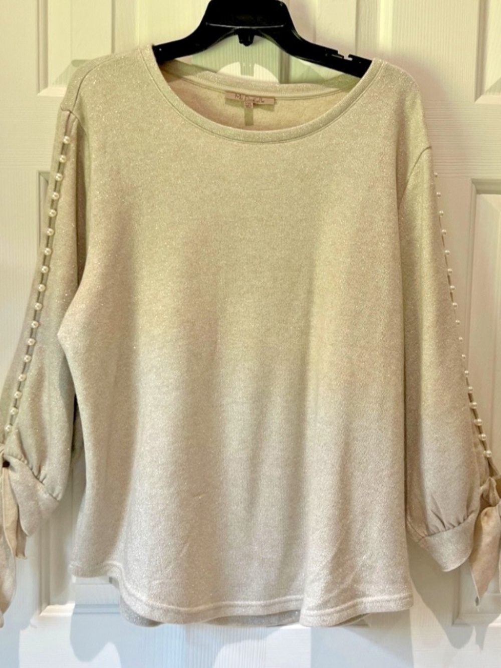 My Danielle Beaded Tie Sleeve Pullover Sweater Off white/Silver Threads XXL
